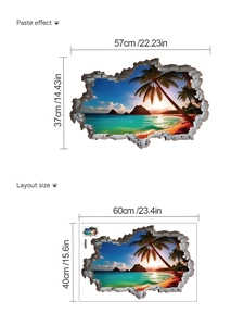 3D beach landscape wall decal layout size 60x40cm and pasted effect size 57x37cm