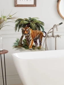 Detailed jungle tiger wall decal applied to a modern bathroom wall above a white bathtub