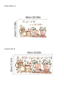 Detailed size chart for kitchen wall sticker showing layout and 56x34cm applied dimensions