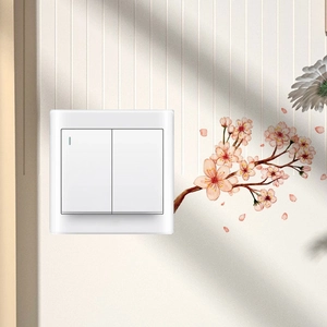 Minimalist white dual-switch wall panel with LED light and decorative flower stickers