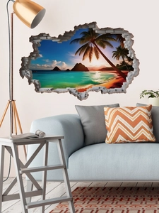 Detailed view of 3D cracked wall beach sunset decal in a modern living room setting