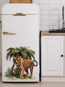 Realistic tiger and palm leaves wall sticker applied to a white refrigerator in a kitchen