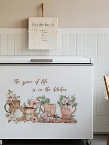 Detailed wall decal view showing coffee cup illustrations on a white refrigerator surface