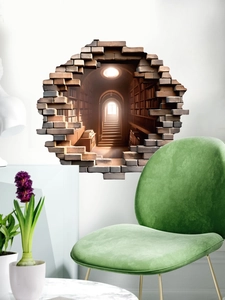 Detail view of 3D broken wall decal featuring a classical library corridor scene