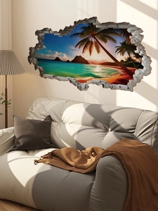 Detailed 3D broken wall decal showing a tropical beach sunset above a modern sofa