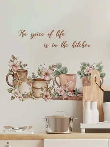 Detail of floral coffee cup wall decals featuring the quote The spice of life is in the kitchen