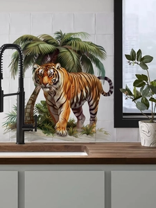 Realistic tiger wall sticker detail showing vivid orange fur and green palm leaves on tiles