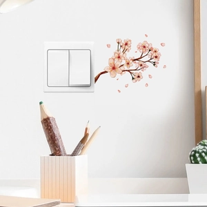 Pink cherry blossom wall decals with branch around switch in watercolor style