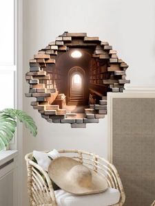 Detailed 3D broken wall sticker showing a classical library with bookshelves on a white wall