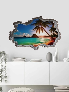 Detail of 3D broken wall beach sunset wall sticker with tropical palm trees on a white wall