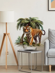 Realistic tiger wall sticker in a modern living room setting with a wooden floor lamp