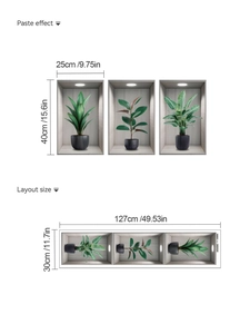 3D potted green plant wall stickers with paste effect and layout dimensions shown