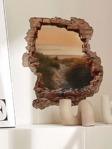 Detailed 3D wall sticker featuring a realistic ocean sunset view inside a broken brick wall