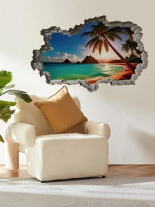 Macro view of self-adhesive 3D broken wall beach sunset wall sticker in a living room