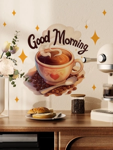 Detail of Good Morning coffee wall sticker with hand-drawn cup and heart on a kitchen wall