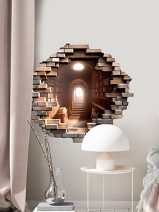 Detailed view of 3D cracked wall decal showing a realistic library corridor on PVC sticker