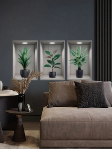 Detail of 3D green plant wall stickers featuring realistic niche lighting for living room