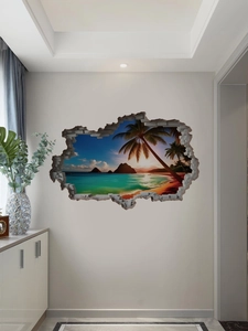 Detail of 3D broken wall beach sticker with palm trees and ocean sunset vista