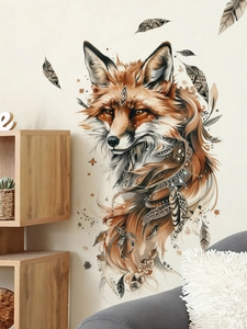 Close-up of bohemian fox wall sticker with artistic feathers and geometric patterns