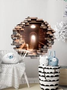 Detailed 3D wall sticker view showing a realistic library corridor through a broken wall
