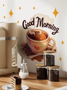 Detail of coffee cup wall sticker with stars and Good Morning text in a kitchen setting