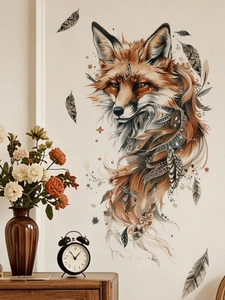 Artistic detail of a bohemian red fox wall decal with feathers in a cozy home setting