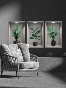 Detailed 3D wall stickers featuring potted green plants in lighted wooden frames