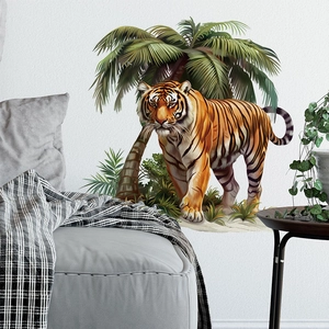 Realistic tiger wall sticker with green palm leaves for living room home decor decoration