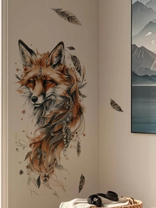 Artistic fox totem wall sticker with bohemian feathers on a clean white interior wall