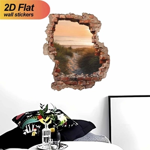 Creative 3D ocean beach sunset wall sticker with broken wall visual effect on white wall