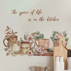 Kitchen wall decal featuring coffee cups and spice of life quote in watercolor style