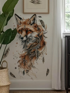 Detailed view of bohemian fox wall sticker with tribal patterns in a cozy room setting