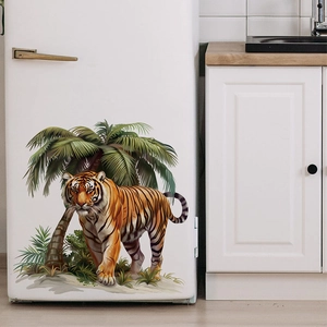 Realistic 3D tiger wall sticker with palm tree design for home decor and wall art