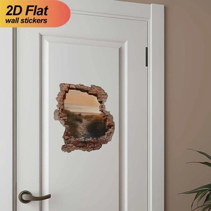 3D ocean beach view through broken wall sticker on white door for home decoration
