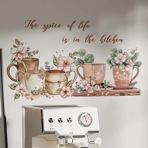 Kitchen wall stickers with floral teacups and 'The spice of life is in the kitchen' quote
