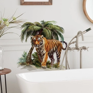 Realistic tiger and palm trees wall sticker in modern bathroom home decor