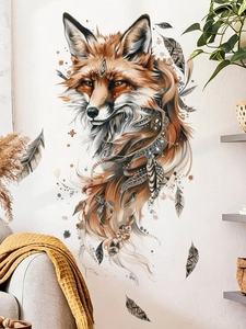 Watercolor fox wall sticker detail with bohemian feather art for living room decor