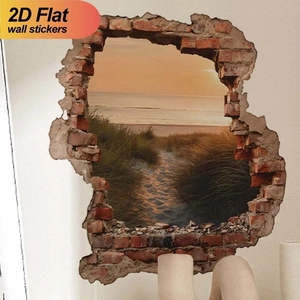 3D sea view broken wall sticker with sunset beach scenery for home wall decoration