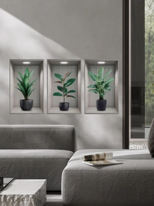 Detail of 3D green plant wall stickers with realistic lighting in modern living room decor