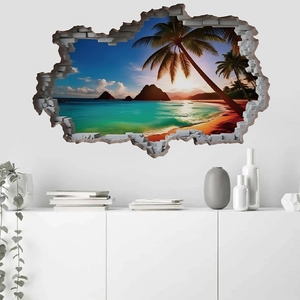 3D tropical beach sunset wall sticker with a realistic broken wall effect for home decor
