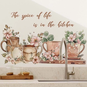 Pink floral coffee cup wall stickers with The spice of life quote for kitchen art decor