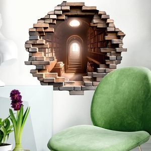 3D wall decal featuring a broken brick wall opening to a classic library interior scene
