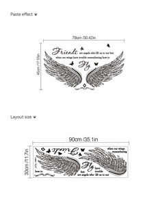 Detailed size layout of black PVC angel wings wall decal with motivational quote