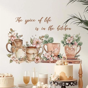 Self-adhesive kitchen wall sticker with tea cup and floral quotes for dining room decor