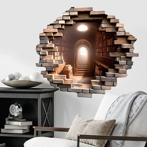 3D broken wall sticker featuring a library tunnel with bookshelves and stairs on PVC decal