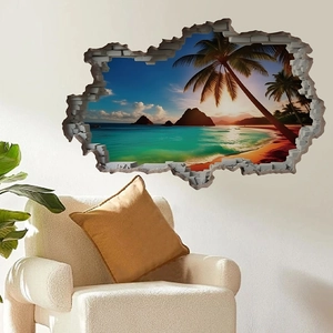3D beach sunset wall sticker with broken brick edge effect for living room decoration