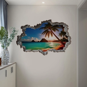 3D beach landscape wall sticker with sunset island view and cracked wall effect decor