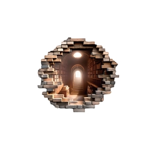 Creative 3D broken wall decal with a realistic European classical library corridor view