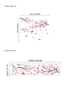 Detail view of cherry blossom wall decal layout and its pasted effect on white background