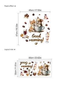 Detail view of PVC puppy and kitten wall sticker showing size and layout dimensions